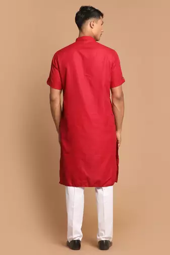 Maroon And White Cotton Blend Kurta Pyjama Set