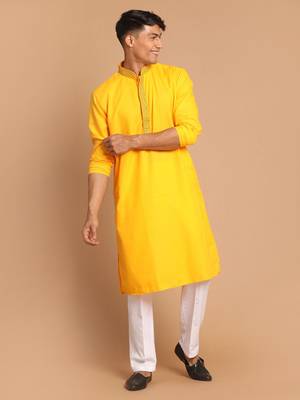 Men'S Yellow And White Cotton Blend Kurta Pyjama Set 1