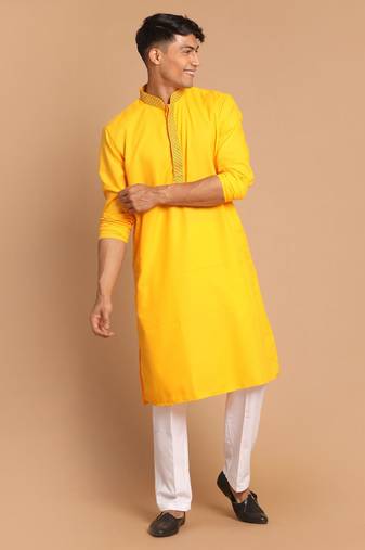 Men'S Yellow And White Cotton Blend Kurta Pyjama Set