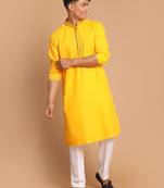 Men'S Yellow And White Cotton Blend Kurta Pyjama Set