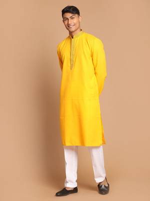 Men'S Yellow And White Cotton Blend Kurta Pyjama Set 2