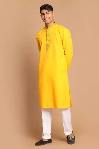 Men'S Yellow And White Cotton Blend Kurta Pyjama Set