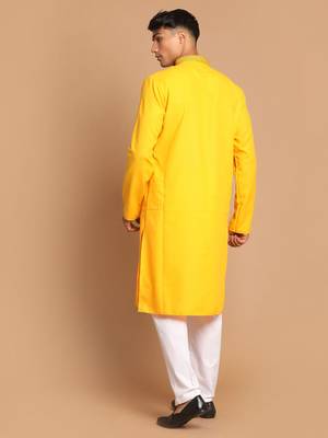 Men'S Yellow And White Cotton Blend Kurta Pyjama Set 3