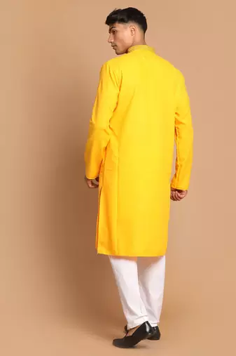 Men'S Yellow And White Cotton Blend Kurta Pyjama Set