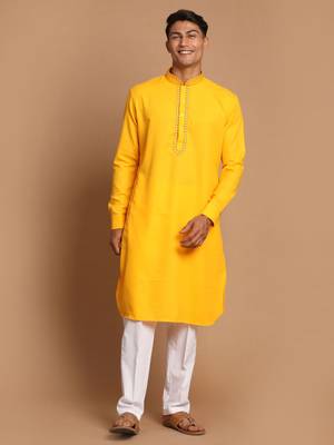 Yellow And White Cotton Blend Kurta Pyjama Set 1
