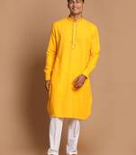 Men'S Yellow And White Cotton Blend Kurta Pyjama Set