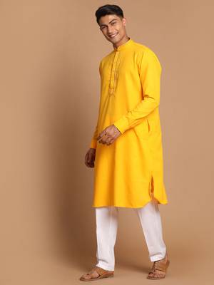 Yellow And White Cotton Blend Kurta Pyjama Set 2