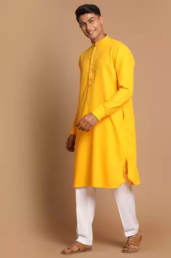 Yellow And White Cotton Blend Kurta Pyjama Set