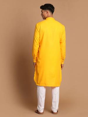 Yellow And White Cotton Blend Kurta Pyjama Set 3