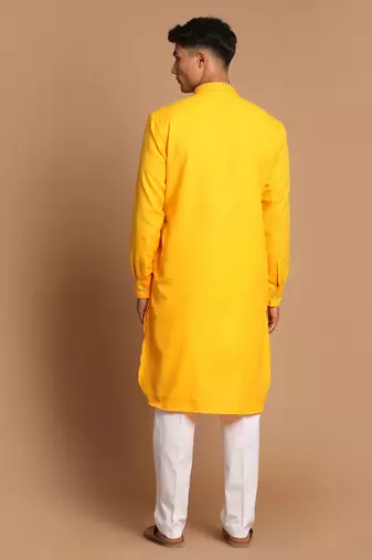 Yellow And White Cotton Blend Kurta Pyjama Set