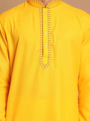 Yellow And White Cotton Blend Kurta Pyjama Set 4