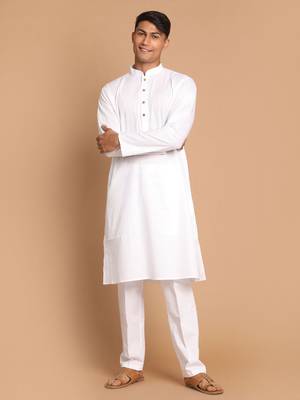 White Cotton Blend Kurta Pyjama Set 1