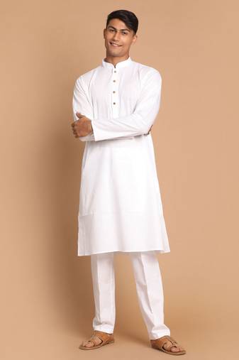 Men'S White Cotton Blend Kurta Pyjama Set