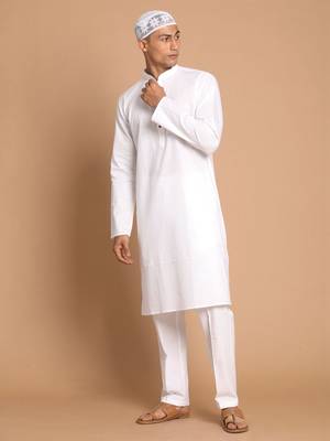White Cotton Blend Kurta Pyjama Set 1