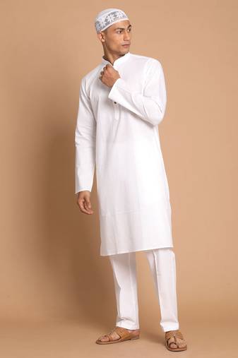 Men'S White Cotton Blend Kurta Pyjama Set