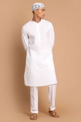 Men'S White Cotton Blend Kurta Pyjama Set