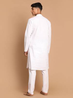 White Cotton Blend Kurta Pyjama Set 4