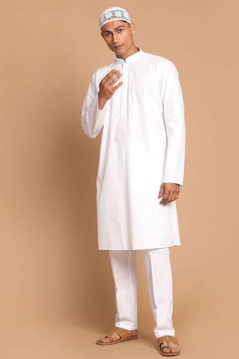 Men'S White Pure Cotton Kurta Pyjama Set