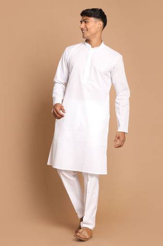 Men'S White Cotton Blend Kurta Pyjama Set