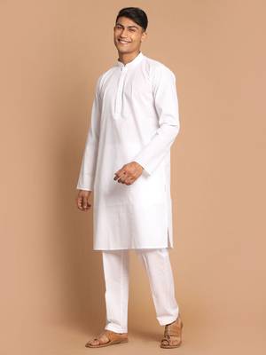 White Cotton Blend Kurta Pyjama Set 2