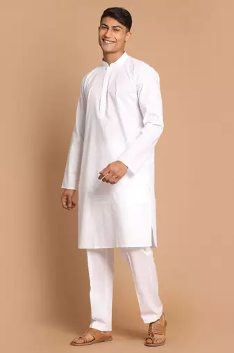 White Cotton Blend Kurta Pyjama Set