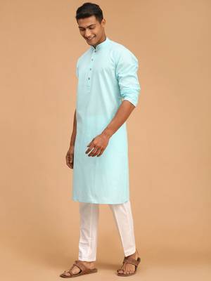 Aqua Blue And White Cotton Linen Kurta Pyjama Set 2