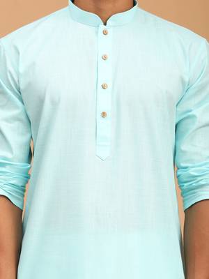 Aqua Blue And White Cotton Linen Kurta Pyjama Set 4