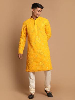 Yellow And Cream Georgette Kurta Pyjama Set 1