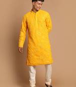 Men'S Yellow And Cream Georgette Kurta Pyjama Set