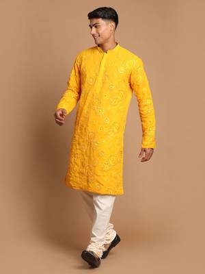 Yellow And Cream Georgette Kurta Pyjama Set 2