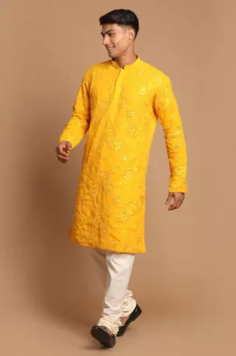 Yellow And Cream Georgette Kurta Pyjama Set
