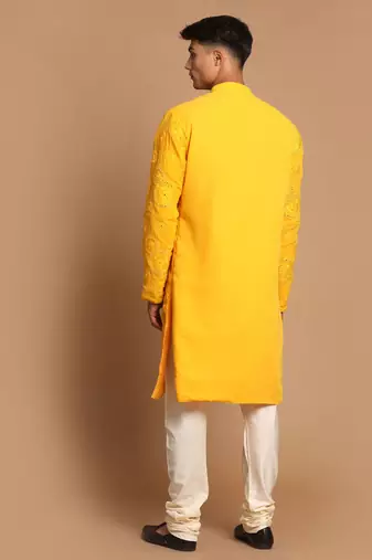 Yellow And Cream Georgette Kurta Pyjama Set