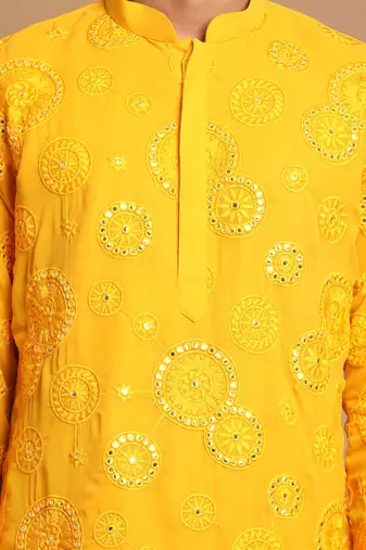 Yellow And Cream Georgette Kurta Pyjama Set