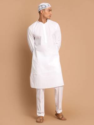 White Cotton Blend Kurta Pyjama Set 1