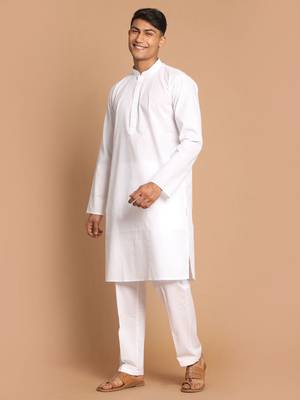 White Cotton Blend Kurta Pyjama Set 3