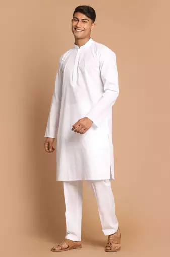 White Cotton Blend Kurta Pyjama Set