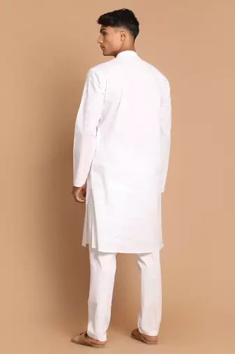 White Cotton Blend Kurta Pyjama Set