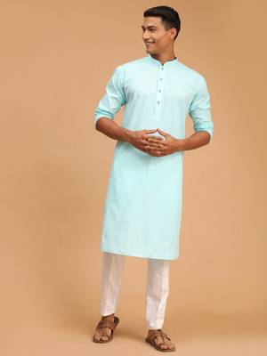 Aqua Blue And White Cotton Linen Kurta Pyjama Set 1