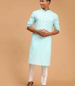 Aqua Blue And White Cotton Linen Kurta Pyjama Set