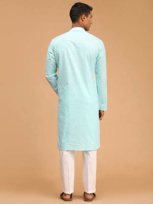Aqua Blue And White Cotton Linen Kurta Pyjama Set 3