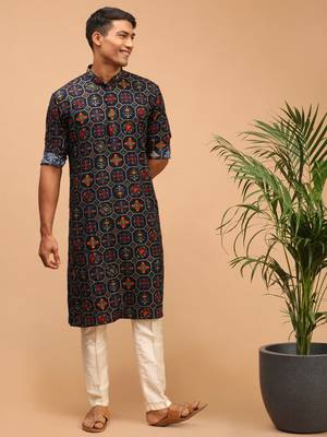 Blue And Cream Cotton Blend Kurta Pyjama Set 1