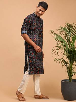 Blue And Cream Cotton Blend Kurta Pyjama Set 2