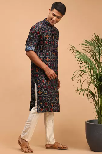 Blue And Cream Cotton Blend Kurta Pyjama Set