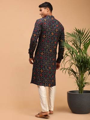 Blue And Cream Cotton Blend Kurta Pyjama Set 3