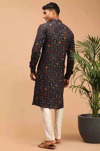 Blue And Cream Cotton Blend Kurta Pyjama Set