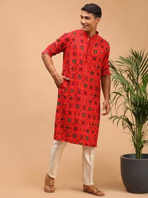 Red And Cream Cotton Blend Kurta Pyjama Set 1