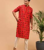 Red And Cream Cotton Blend Kurta Pyjama Set