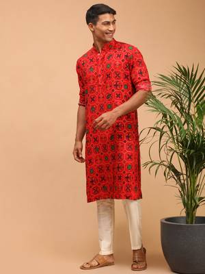 Red And Cream Cotton Blend Kurta Pyjama Set 2