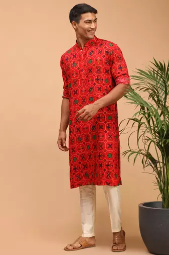 Red And Cream Cotton Blend Kurta Pyjama Set