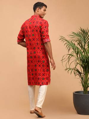 Red And Cream Cotton Blend Kurta Pyjama Set 3